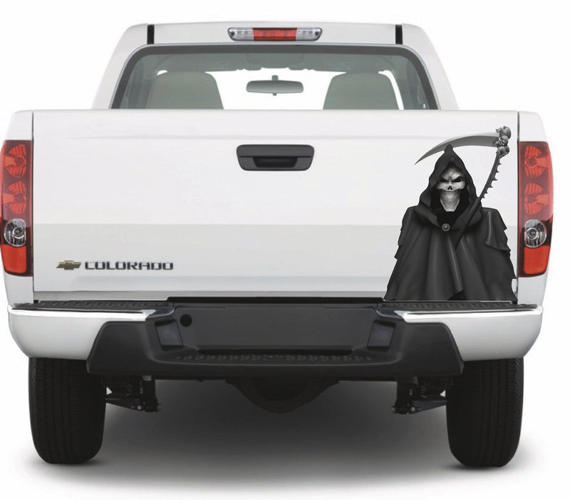Grim reaper vinyl graphics on white truck tailgate